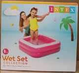 Intex inflatable pool packaging with a child and adult on a beach background
