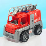 Toy fire truck with red and gray colors on a light blue background