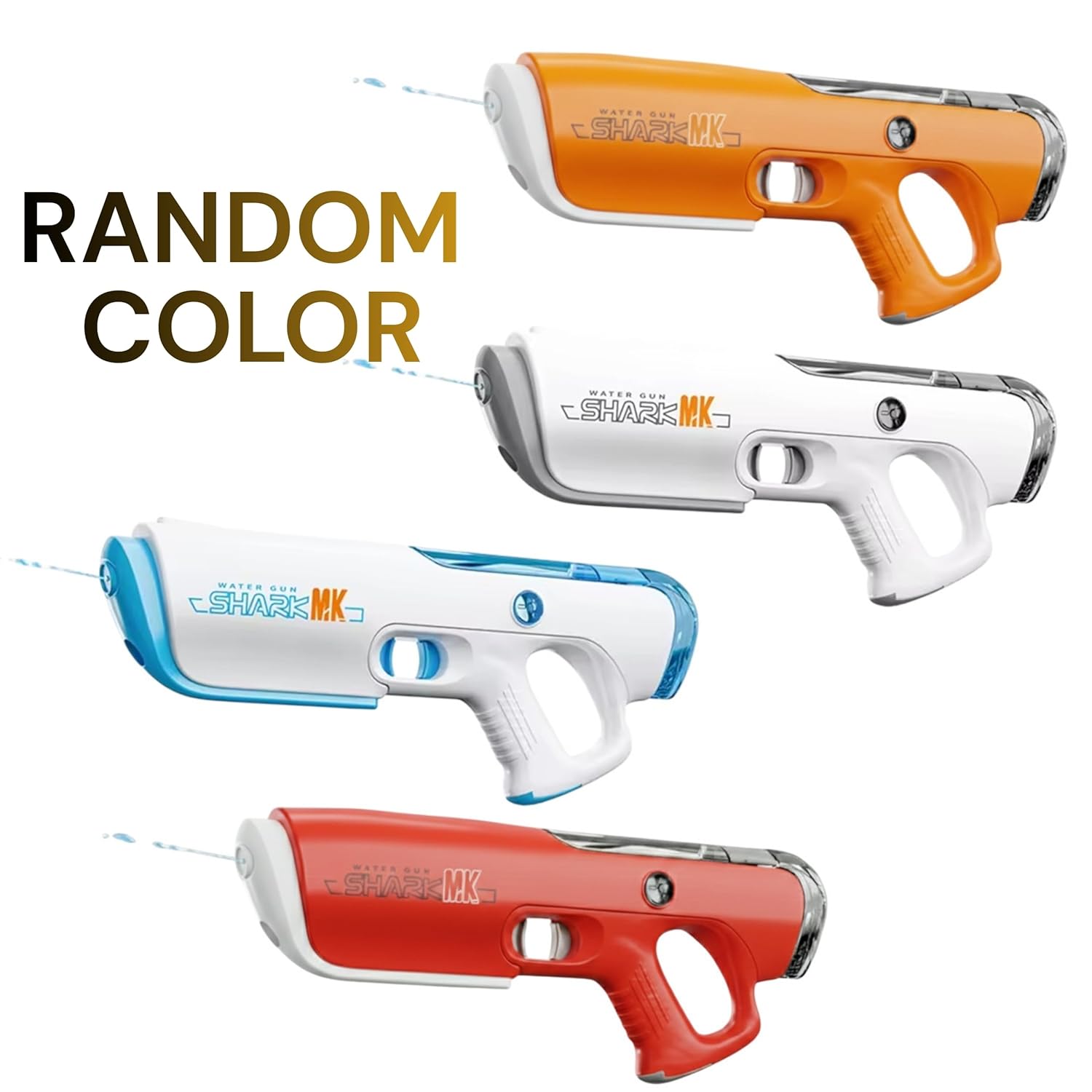 Four colorful water guns with 'SHARK MK' branding on a white background.