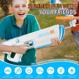 Child playing with a water gun labeled 'Shark MK' on a summer-themed background.