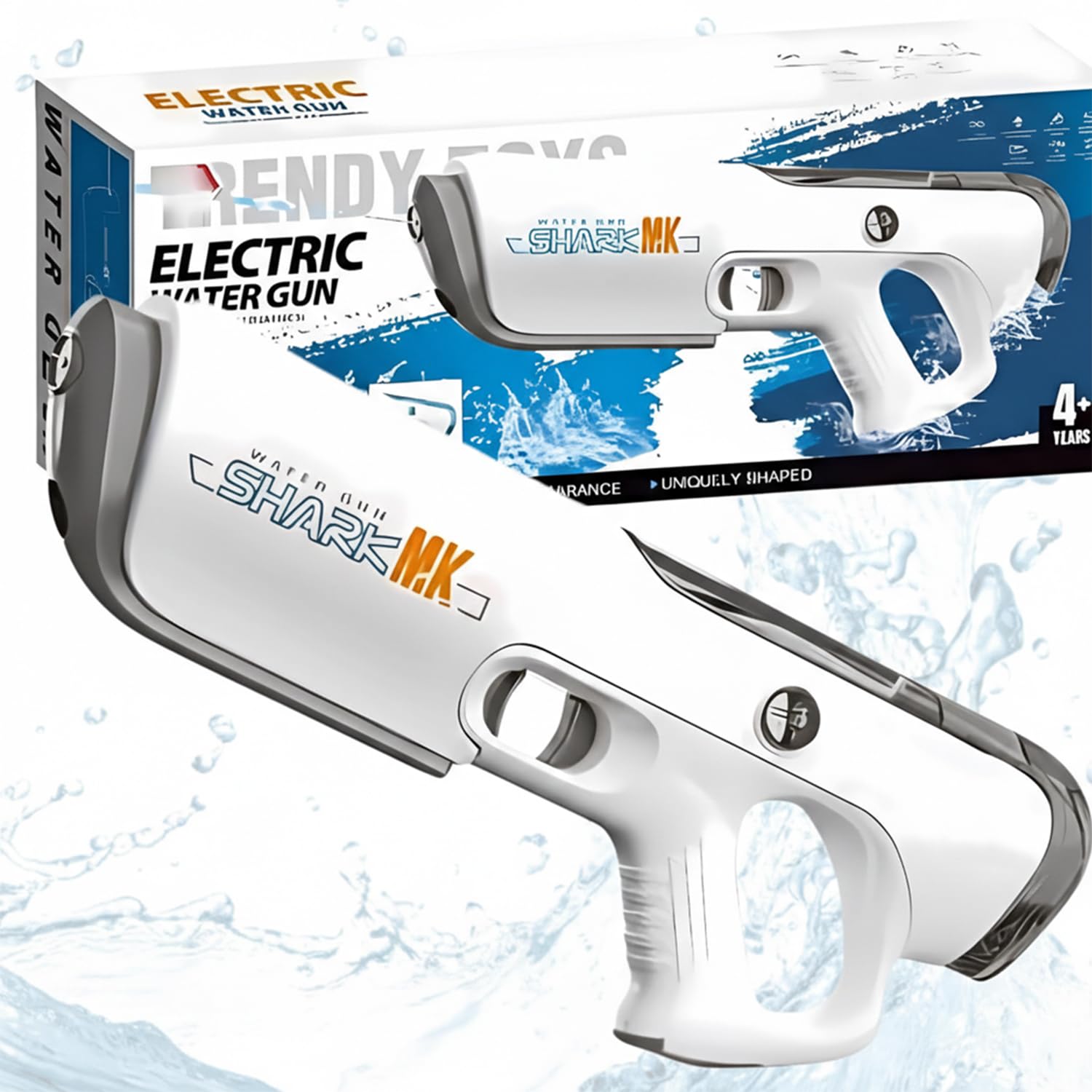 Electric water gun with packaging on a blue and white background