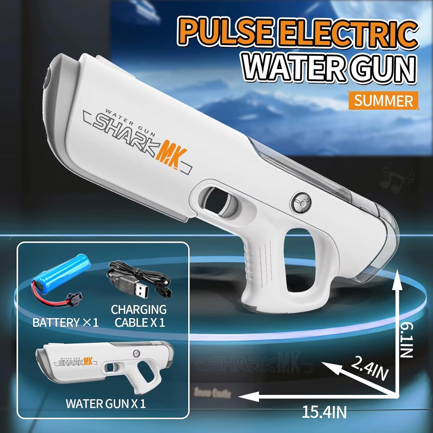 Pulse electric water gun with accessories on a dark background