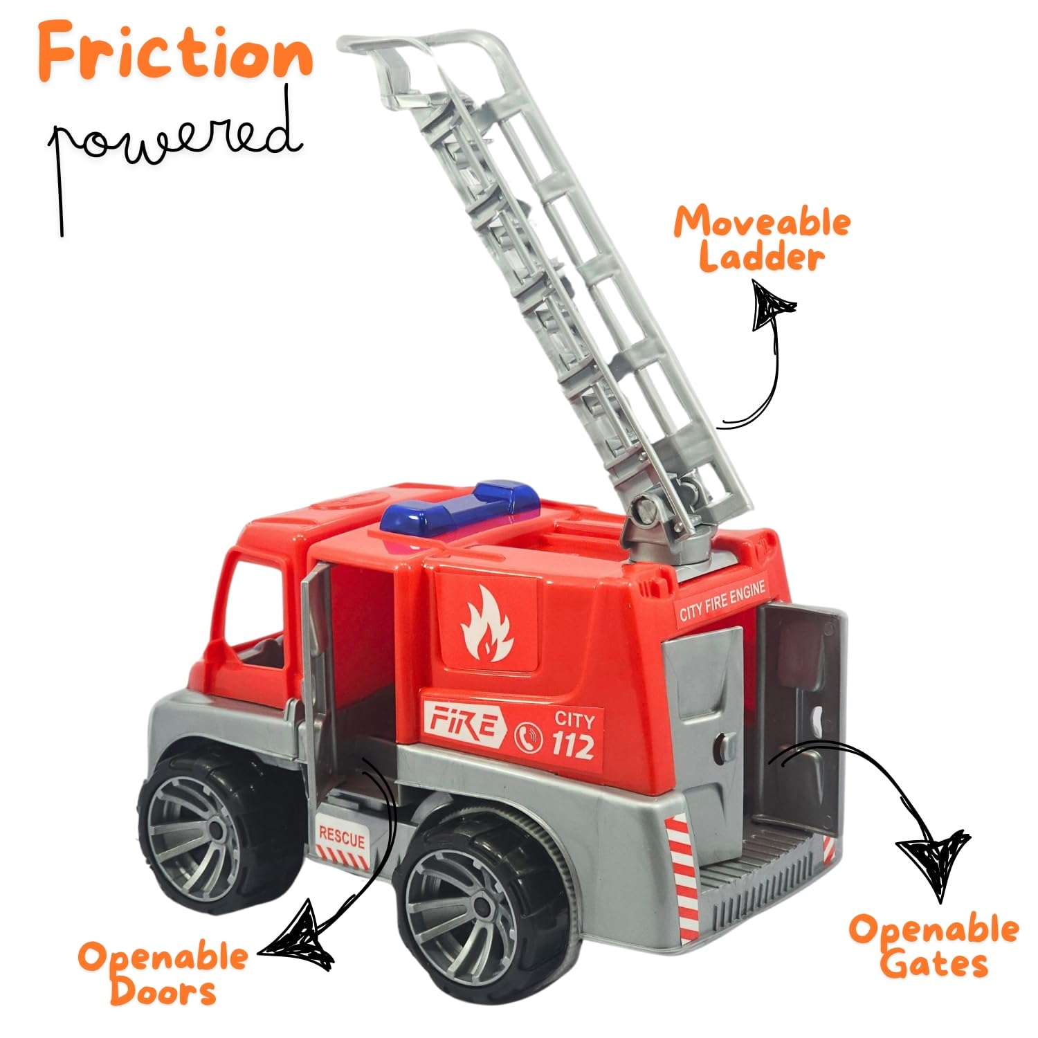 Toy fire truck with movable ladder, openable doors, and gates on a white background