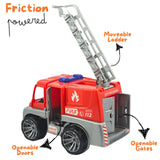 Toy fire truck with movable ladder, openable doors, and gates on a white background