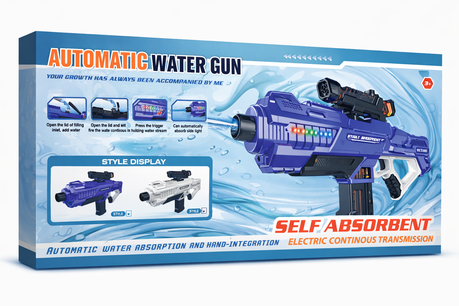 Toy water gun packaging with blue and white design
