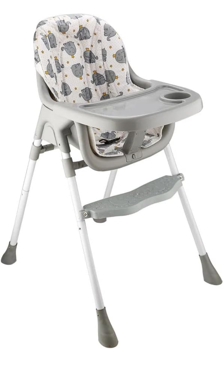 Gray high chair with patterned cushion on a white background