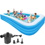 Inflatable pool with family playing and a pump on a white background