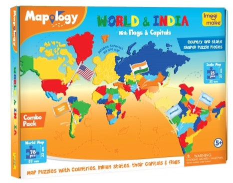 Combo: Map Puzzle of India and World with Capitals and Flags of Countries