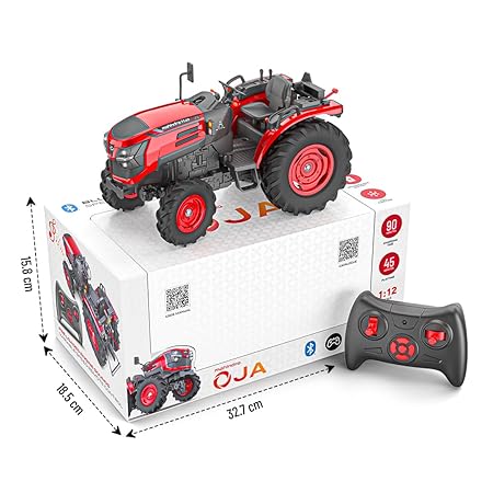 Red toy tractor with remote control on a white background