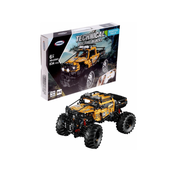 Toy vehicle set with packaging labeled 'Technical Building Blocks' on a white background