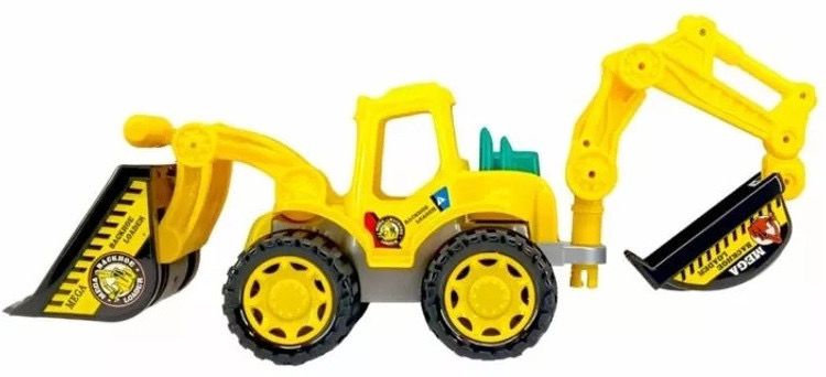 Toy construction vehicle with excavator and bulldozer attachments on a white background