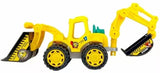 Toy construction vehicle with excavator and bulldozer attachments on a white background