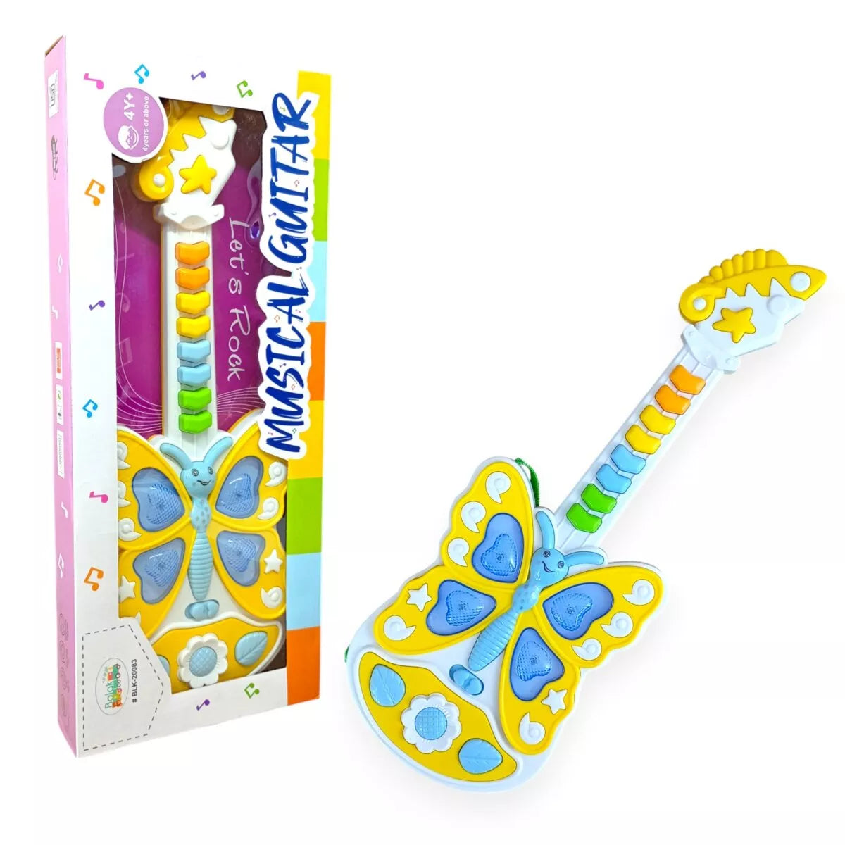 Colorful toy guitar with butterfly design next to its packaging on a