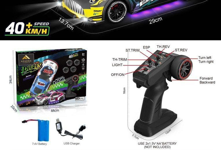 Remote control car with packaging, controller, and specifications on a white background