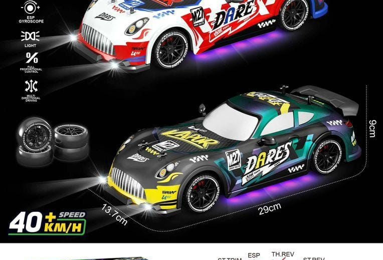 Two toy cars with 'DARES' branding on a dark background