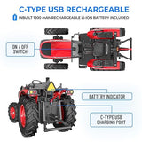 Red and black toy tractor with charging port and battery indicator features on a white background