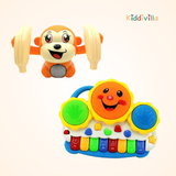 Kiddivilla Electronic Drum & Organ Keyboard with Animal Sounds, Flashing Lights and 360° Dancing Banana Monkey Musical Toy Combo for Kids (Multicolor Plastic)