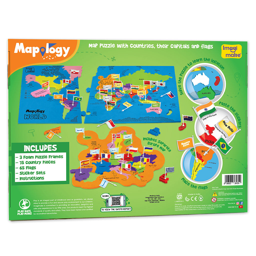 Packaging of a educational map puzzle product which includes foam puzzle frames, states set, and a map of Europe with flags and capitals.