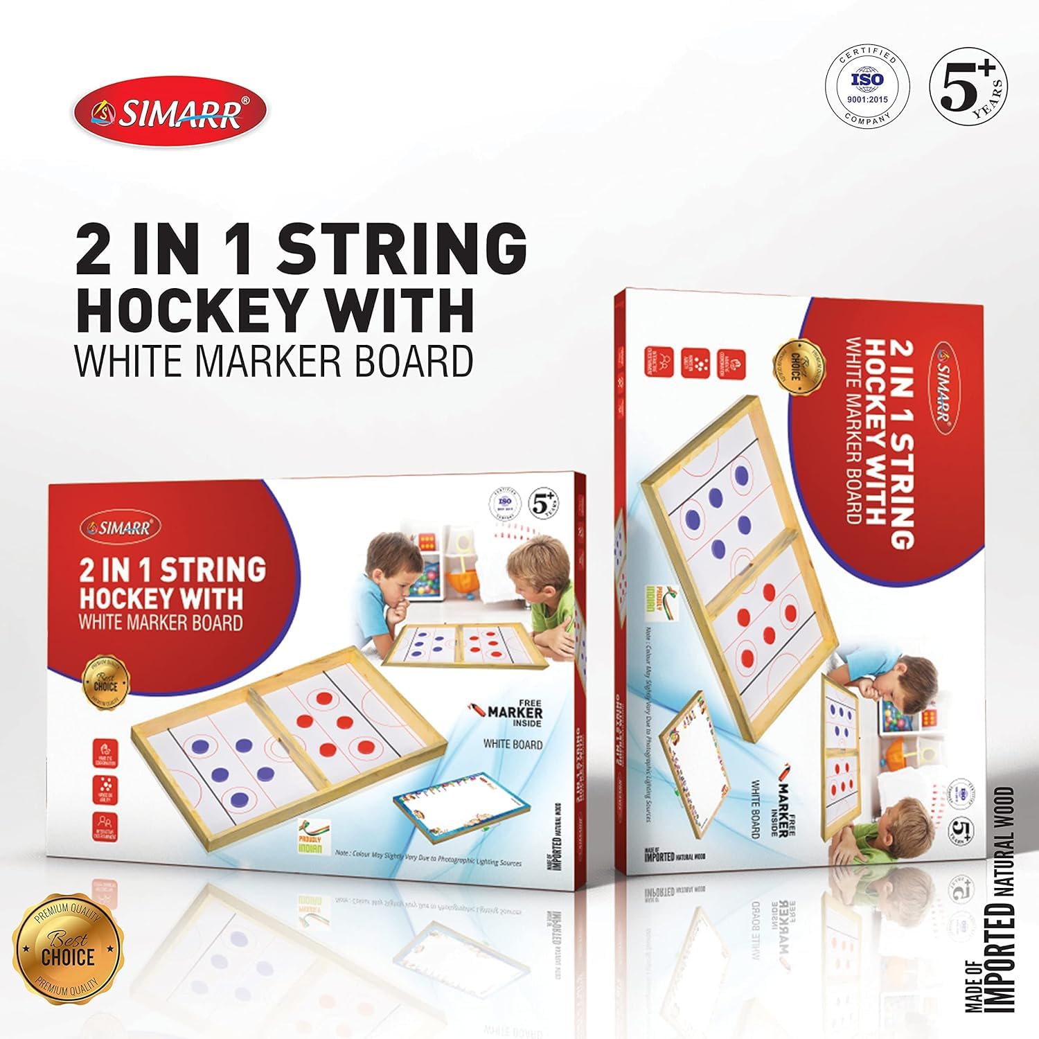 Packaging for a 2 in 1 string hockey game with a white marker board, featuring the game box and an illustration of children playing the game.