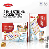Packaging for a 2 in 1 string hockey game with a white marker board, featuring the game box and an illustration of children playing the game.