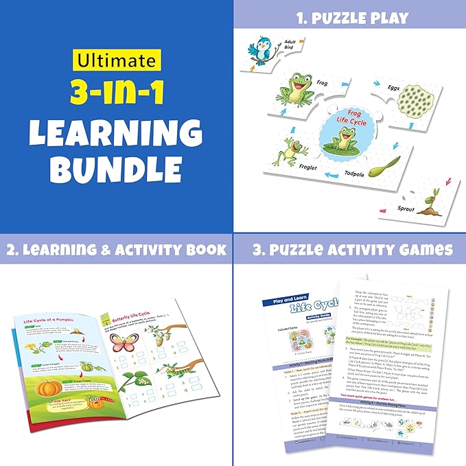 Ultimate 3-in-1 Learning Bundle with puzzle play, learning & activity book, and puzzle activity games on a blue and white background.