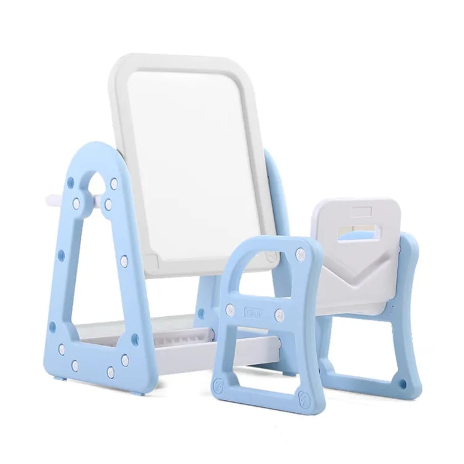 Two blue and white baby seats on a white background