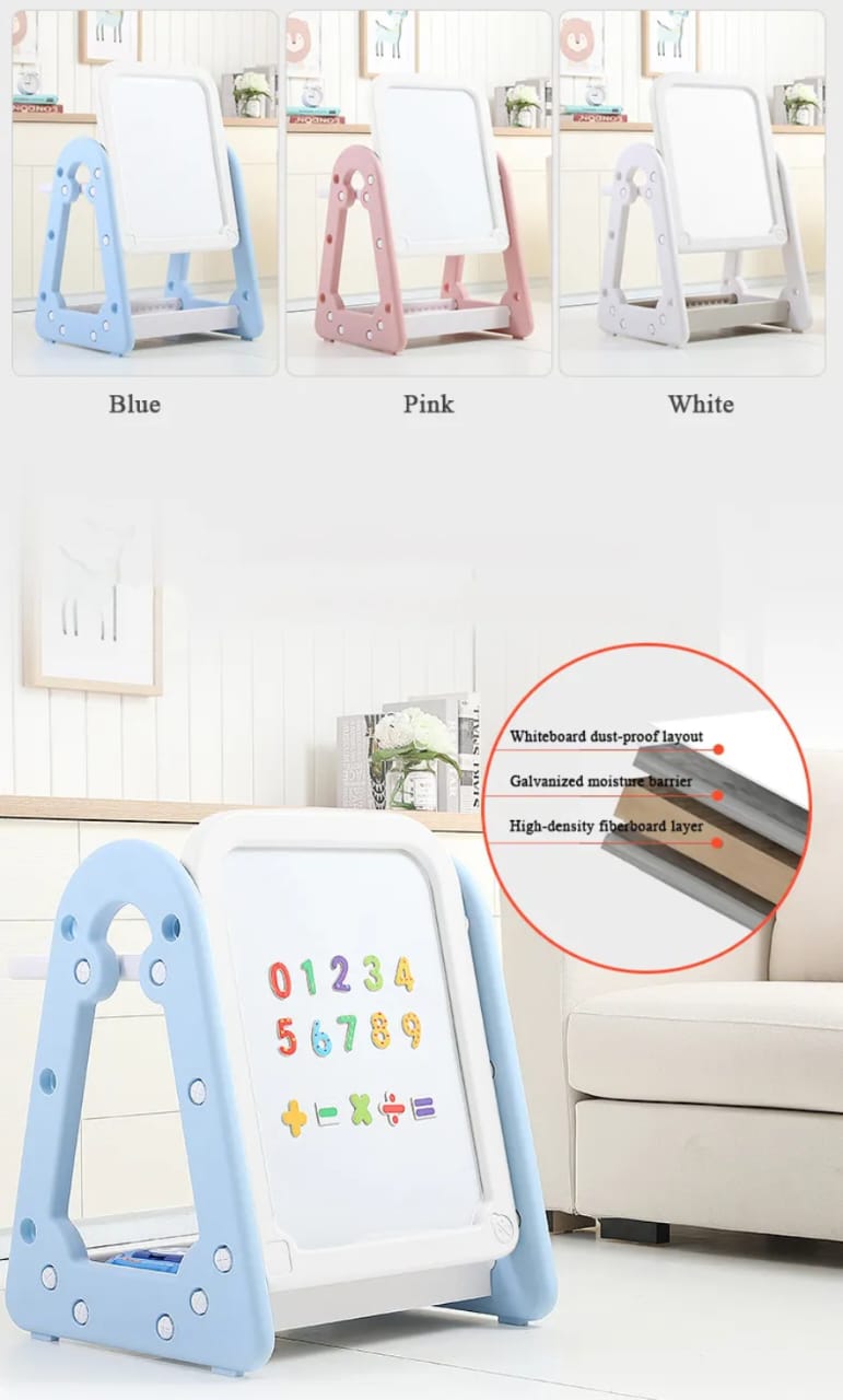 Children's easel in blue, pink, and white with a close-up of the base in a room setting.