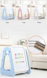 Children's easel in blue, pink, and white with a close-up of the base in a room setting.