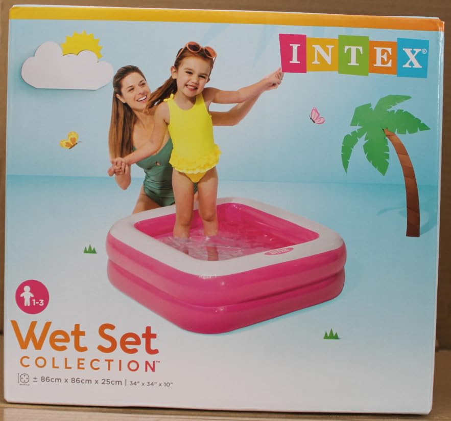 Intex inflatable pool packaging with a child and adult on a beach background