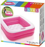 Intex inflatable pink and white baby pool in packaging with brand logo.