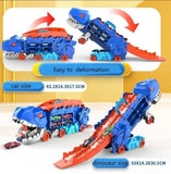 Dinosaur Transport Truck Toy with Foldable Sliding Race Track and 2-Layer Car Carrier with 2 Diecast Race Cars, for 3-8 Years Kids