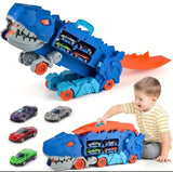 Dinosaur Transport Truck Toy with Foldable Sliding Race Track and 2-Layer Car Carrier with 2 Diecast Race Cars, for 3-8 Years Kids