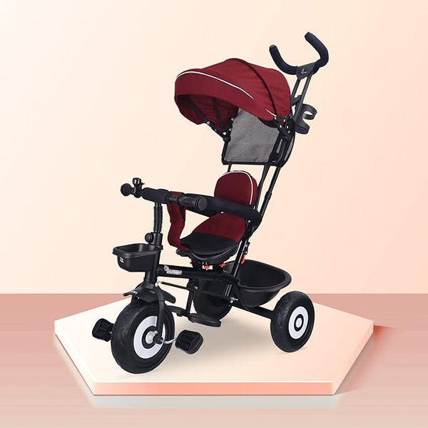 Click to see full view  2 VIDEOS  KiddiVilla Tricycles for Kids with Premium EVA Wheels, 360° Rotatable Seat, Storage Basket & Canopy | Baby Trike Cycle for 1.5 to 5 Years, Upto 25 Kg Boy & Girl (Maroon Black)
