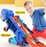Dinosaur Transport Truck Toy with Foldable Sliding Race Track and 2-Layer Car Carrier with 2 Diecast Race Cars, for 3-8 Years Kids