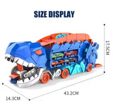 Dinosaur Transport Truck Toy with Foldable Sliding Race Track and 2-Layer Car Carrier with 2 Diecast Race Cars, for 3-8 Years Kids