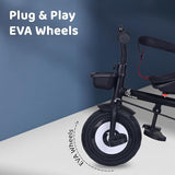 Click to see full view  2 VIDEOS  KiddiVilla Tricycles for Kids with Premium EVA Wheels, 360° Rotatable Seat, Storage Basket & Canopy | Baby Trike Cycle for 1.5 to 5 Years, Upto 25 Kg Boy & Girl (Maroon Black)