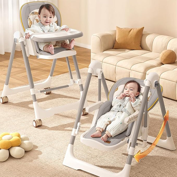 Marshmallow Smart 3-in-1 High Chair with Swing for Baby, Adjustable Height, Dual Tray, Reclinable Backrest & Footrest Feeding Chair for 6 Months to 5 Years Kids |(Abstract Grey)