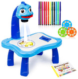 Drawing Projector Painting Desk Table With 3 Patterns - 12 Colorful Water Pens With Table Lamp For Better Creativity & Education For Kids (Blue & White) Pack Of 1