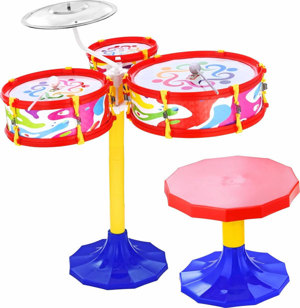 Drum Set for Kids Musical Rock Band Intruments with 3 Drums, 1 Dish, 1 Stool & 2 Drum Sticks for Kids