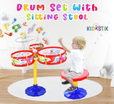 Drum Set for Kids Musical Rock Band Intruments with 3 Drums, 1 Dish, 1 Stool & 2 Drum Sticks for Kids