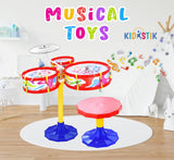 Drum Set for Kids Musical Rock Band Intruments with 3 Drums, 1 Dish, 1 Stool & 2 Drum Sticks for Kids