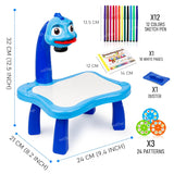 Drawing Projector Painting Desk Table With 3 Patterns - 12 Colorful Water Pens With Table Lamp For Better Creativity & Education For Kids (Blue & White) Pack Of 1