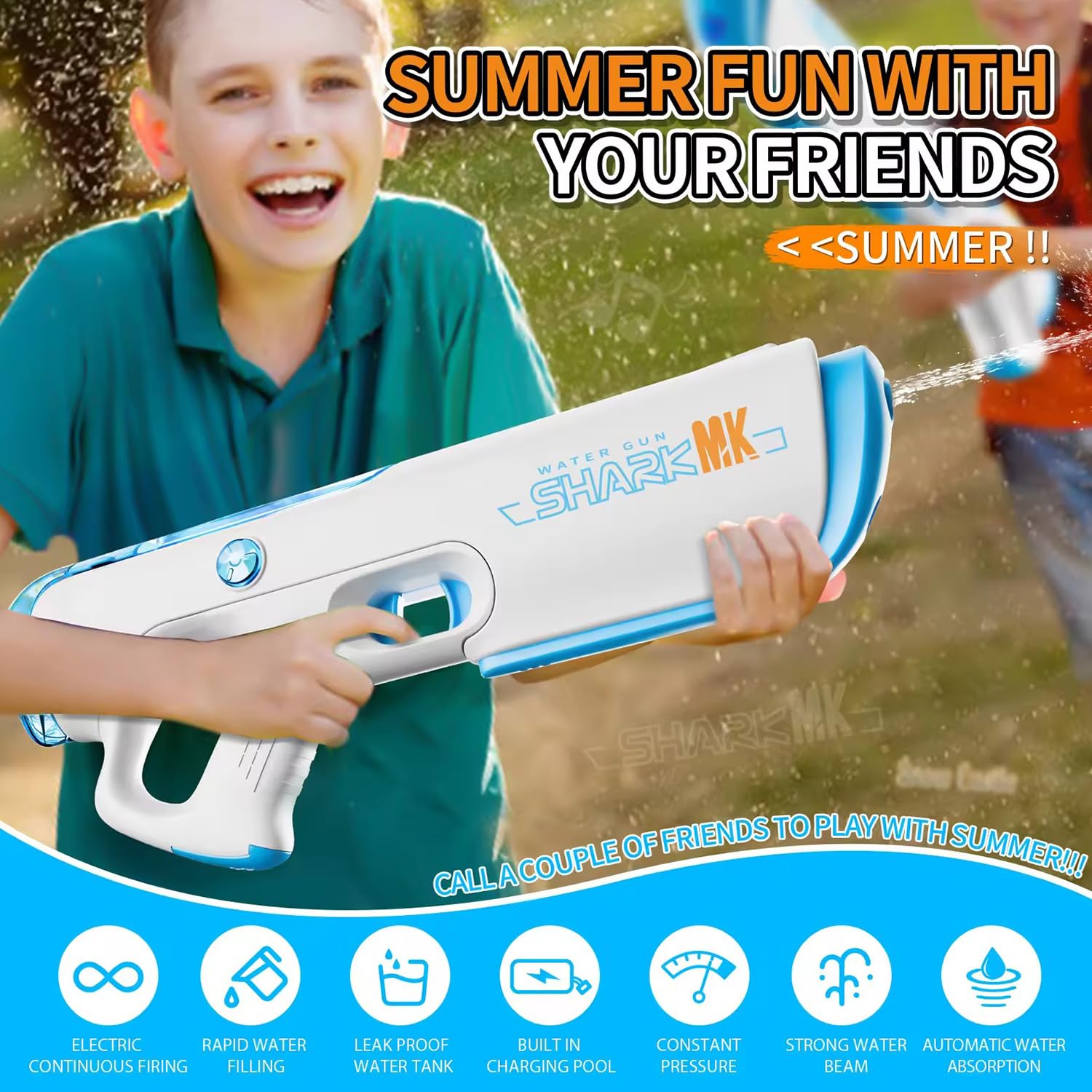 Child playing with a water gun labeled 'Shark MK' on a summer-themed background.