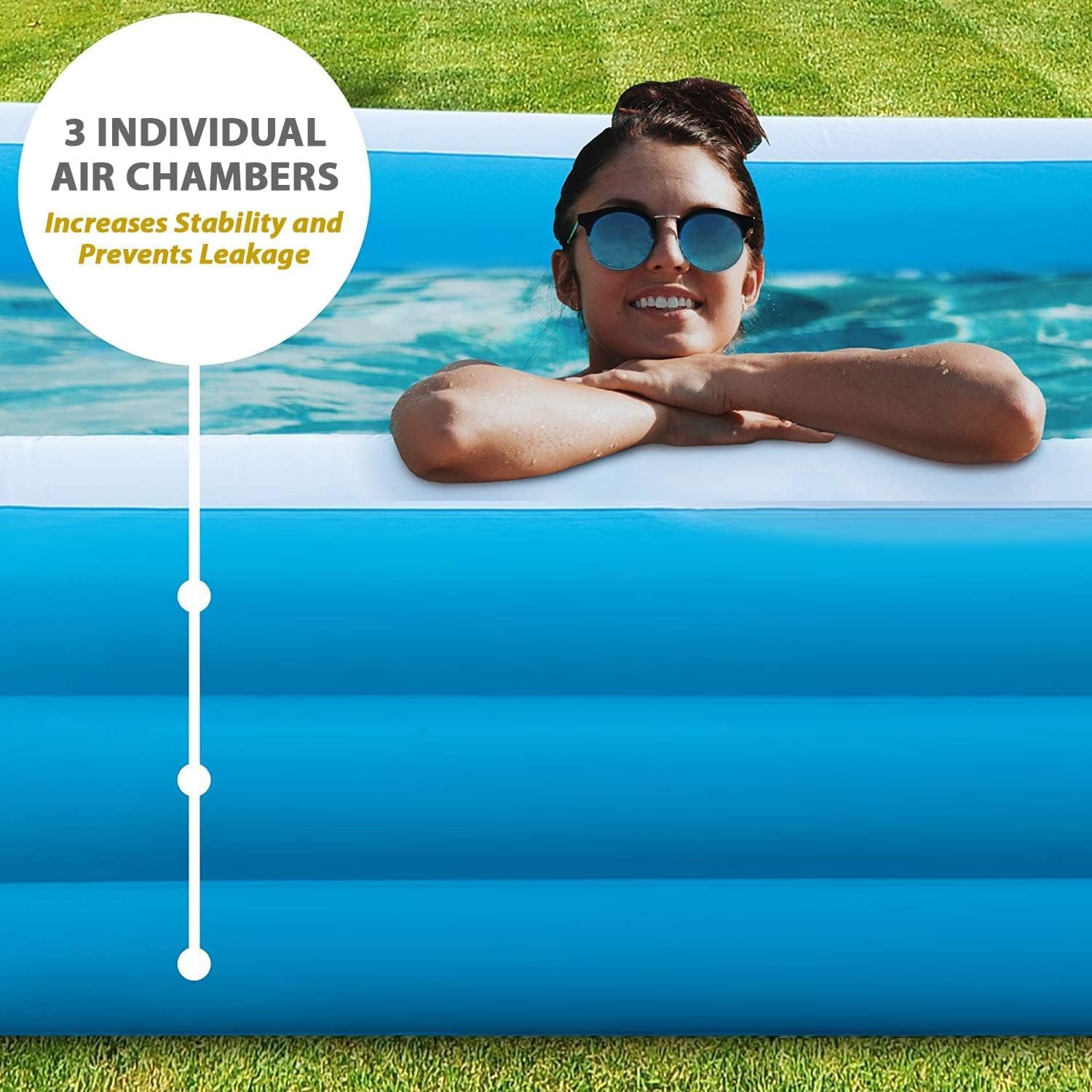 Woman lying on an inflatable pool with text about air chambers