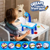 Drawing Projector Painting Desk Table With 3 Patterns - 12 Colorful Water Pens With Table Lamp For Better Creativity & Education For Kids (Blue & White) Pack Of 1