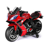 A red and black battery-operated ride-on bike for kids