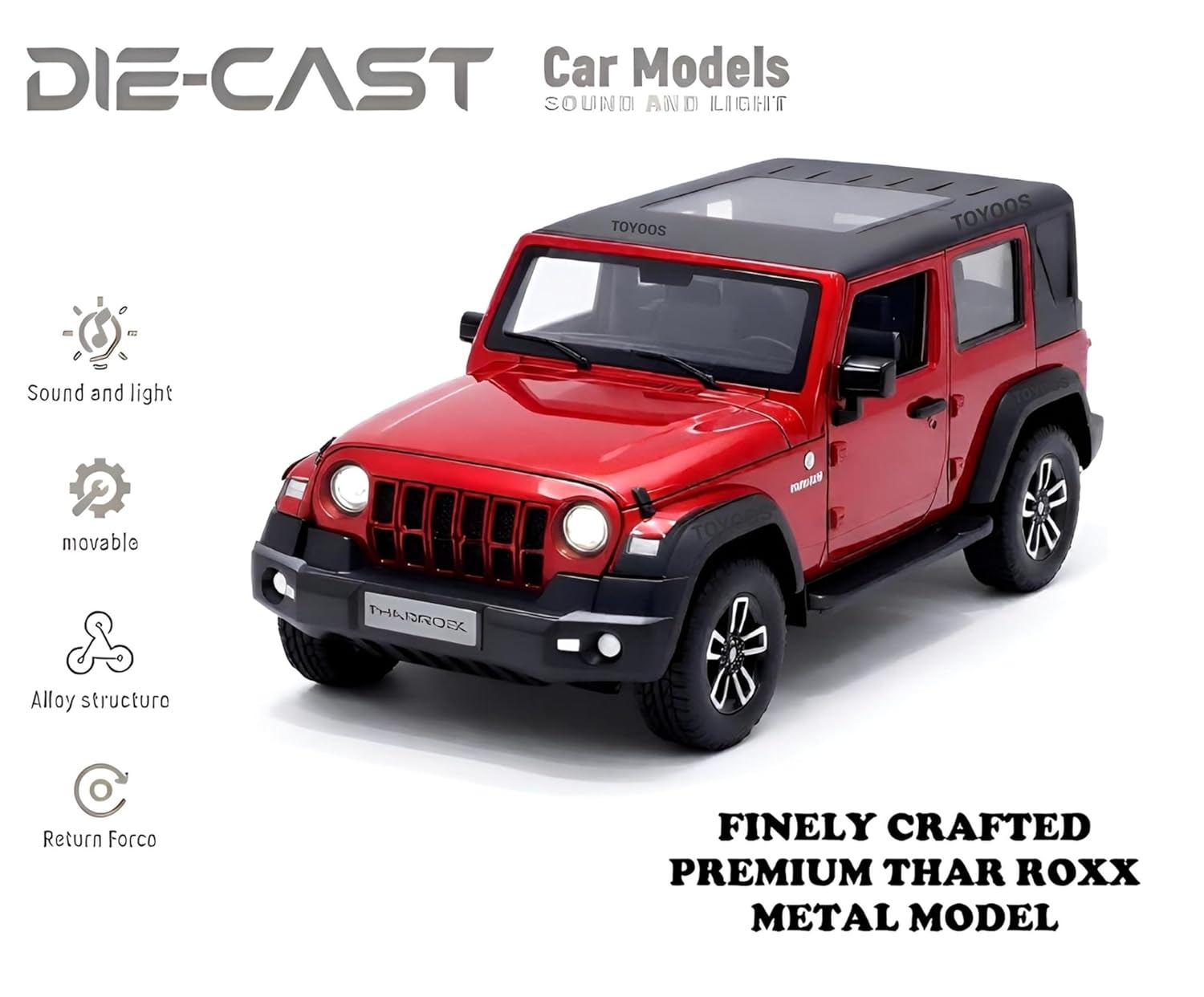 A red and black metal die-cast model car of a Jeep-style SUV