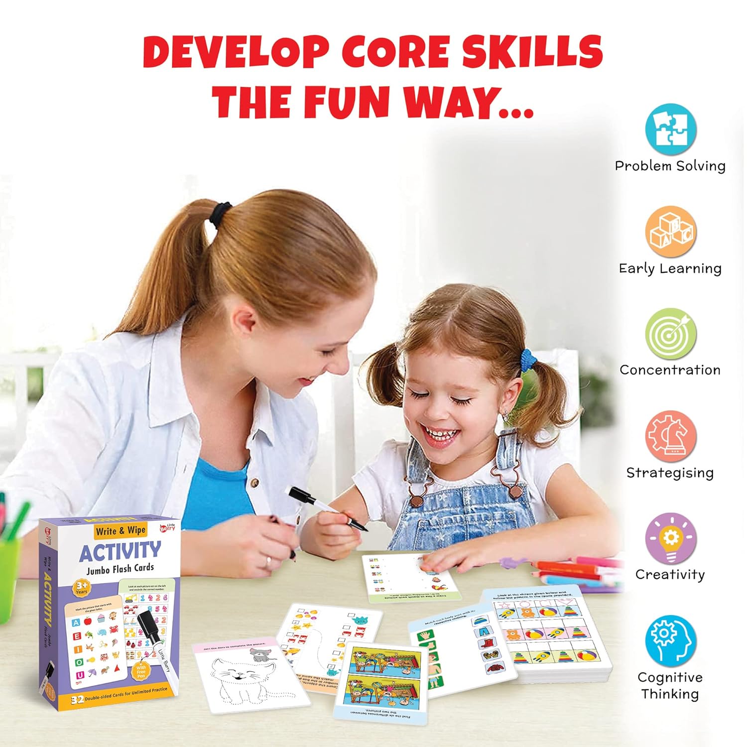 Two children playing with educational flashcards and a box labeled 'Activity' with text about developing core skills.