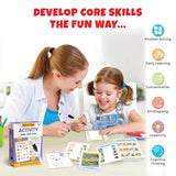 Two children playing with educational flashcards and a box labeled 'Activity' with text about developing core skills.