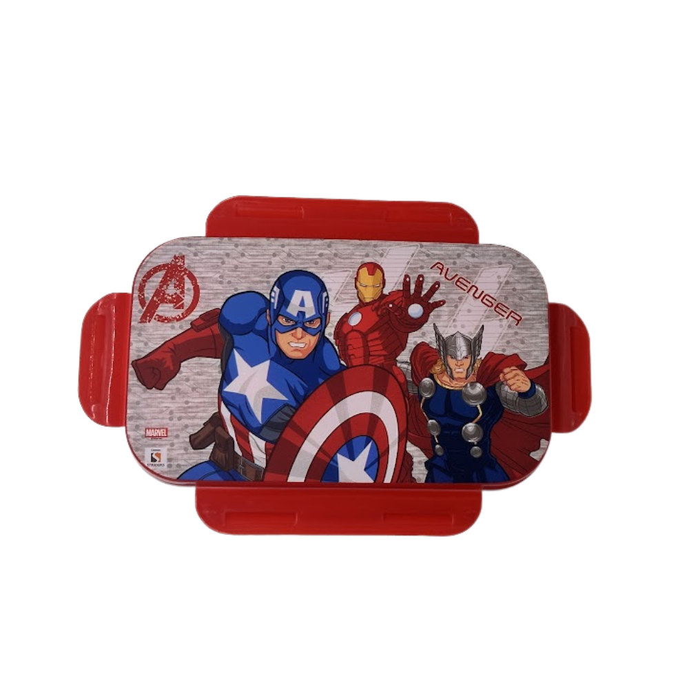 Avengers-themed lunch box with characters on a white background